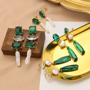 Anting-Anting Tindik Kristal Tetes Air Zamrud Mutiara Barok Alami untuk Pesta Pernikahan Wanita Perhiasan Buatan Tangan Elegan