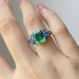 <b>Silver</b> Alloy <b>Ring</b> With <b>Emerald</b> Cut Green Stone And Blue Accents Prong Setting Geometric Design For Women Gift Jewelry - Product Image 4