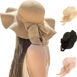 Sombrero de paja plegable flexible para mujer, sombrero plegable para playa con ala ancha