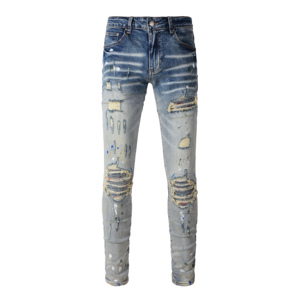 Jean en denim pour homme, coupe crayon, taille mi-haute, déchiré, effet usé, délavé, style streetwear vintage, hiver, haute couture, éco-responsable - Product Image 2