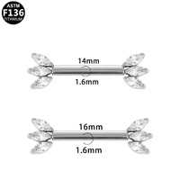 Gaby 14G ASTM F136 Piercings de pezón de titanio sin rosca, Barbell de pezón dorado con 3 circonitas marquise en forma de abanico orientadas hacia adelante, Regalo de boda