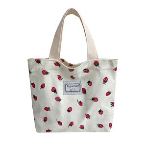 Topvostre Strawberry Print Corduroy Tote <b>Bag</b> White Large Capacity Fashionable Design Everyday Use - Product Image 5