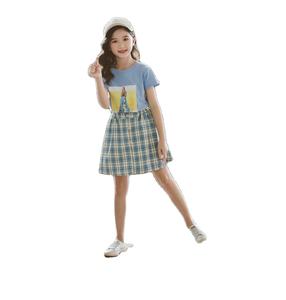 Meilleures ventes de vêtements pour enfants : Ensemble jupe-short à carreaux et t-shirt imprimé à manches courtes bleu pour filles, livraison directe - Product Image 1