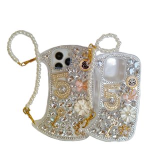 Luxe Bling Diamant Geluksnummer Handtas Mobiele Telefoon Hoes Voor Iphone 16 14 13 15 12 11 Pro Max Met Parel Polsbandje Case - Product Image 4