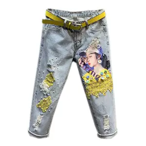 2021 Spring Autumn New European Goods Beauty Beaded Ripped Hole Denim Pants Loose-Fit Denim Jeans Female Ankle-Tied Harem Pants