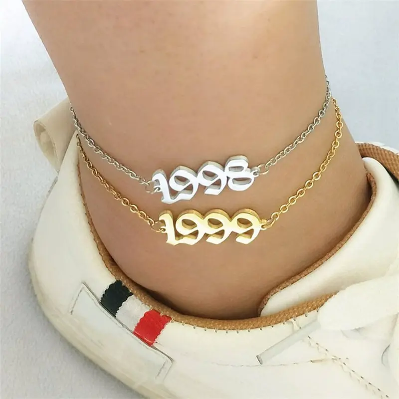 Rvs Geboorte Jaar Enkelband Custom Gold Oud Engels Nummer Datum Jaar Enkelbandje 1990-2020 Voet Keten Voor Geschenken