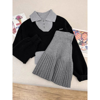 Ensemble pull et jupe courte en maille polyester/coton pour femme, col rabattu, gris et noir, style vintage, anti-boulochage