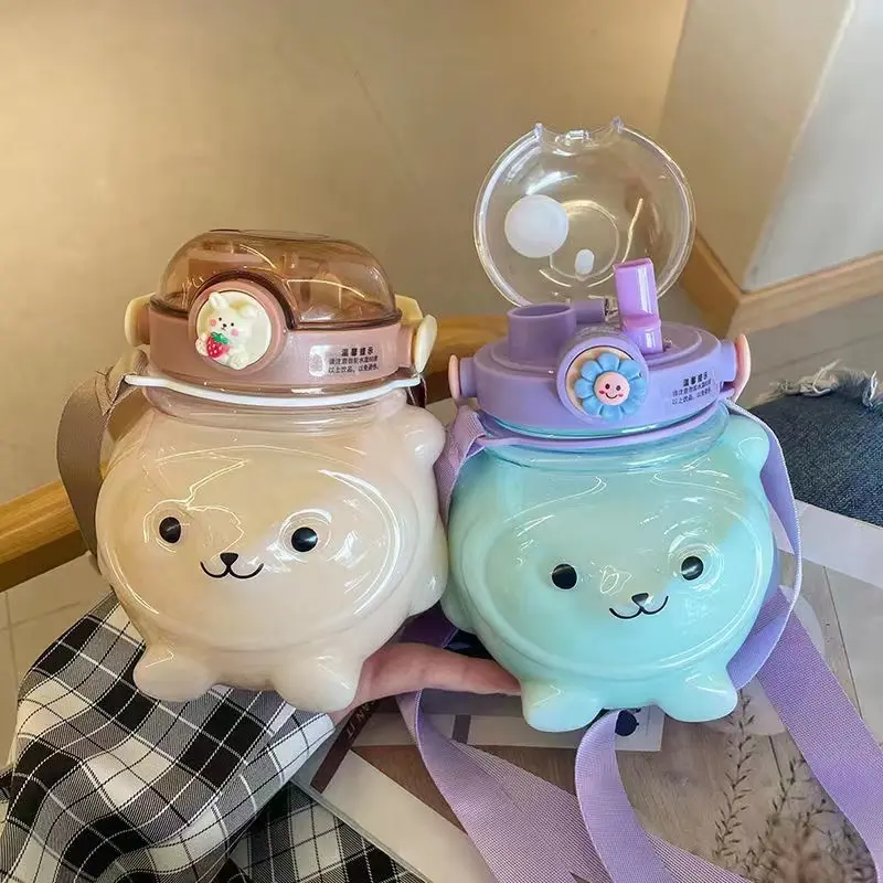 Cute double-drinking straw kettle high-value large-capacity plastic bear water cup female student child anti-fall casual cup