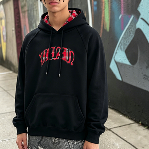 Sweat à capuche noir à carreaux pour homme, broderie lettres gothiques, streetwear, coupe oversize, décontracté - Product Image 1