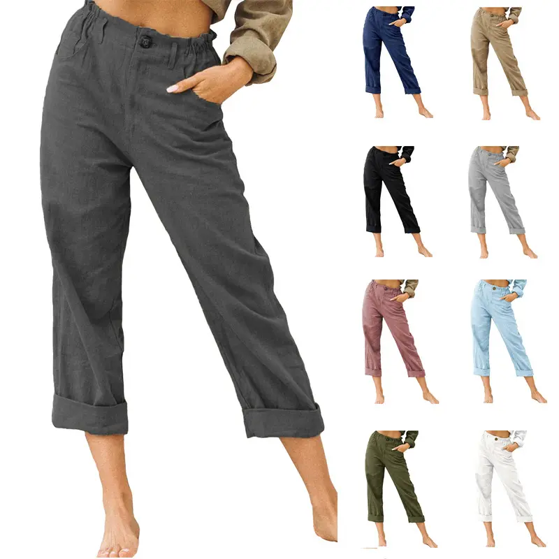 New annual promotion solid color cotton and linen fashion loose high waist casual trousers for women
