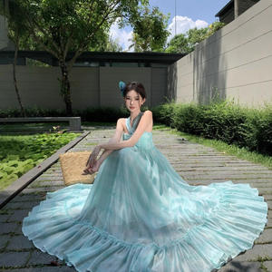 Vestido Casual Largo con Cuello Halter en Verde Menta Francés, Estilo Vacaciones en la Playa, Cintura Imperio, Transpirable, para Celebraciones - Product Image 4