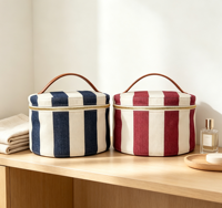 Trousse de Maquillage Cylindrique Personnalisée avec Logo, Style Nautique Rayé en Jean et Toile, Fermeture Éclair, Poignée en Cuir