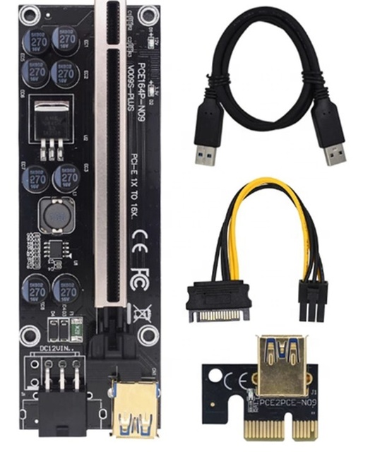 VER 009S Plus PCIE Riser Card 009s PCI-E PCI Express Adapter Molex 6Pin SATA USB 3.0 Cable 1X to 16X Extender