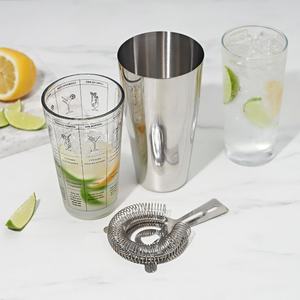 Ensemble de 3 pièces avec <span class=keywords><strong>7</strong></span> recettes de cocktails et <span class=keywords><strong>mesures</strong></span> imprimées sur verre à mélanger, comprend un shaker <span class=keywords><strong>en</strong></span> <span class=keywords><strong>étain</strong></span> et une passoire Hawthorne - Product Image 2