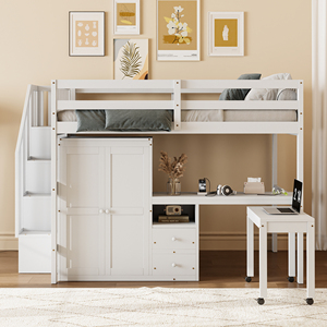 Cama alta tamaño completo con escaleras, estantería, cajones, escritorio, armario, muebles multifuncionales que ahorran espacio para niños y adolescentes - Product Image 2