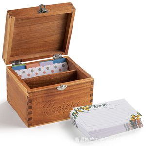 Wooden Recipe <b>Box</b> With Lock Solid Wood Flip Top Organizer For <b>Kitchen</b> <b>Storage</b> Rectangle Retro Color Covered - Product Image 2