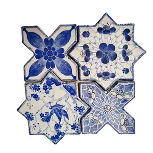 Fabriek Op Maat Handgeschilderde Kunst Rustieke Patroon Blauw En Wit Porseleinen Tegel