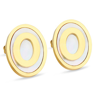 <b>Stud</b> <b>Earrings</b> Gold 16mm Round Geometric Shell Inlaid Stainless Steel Fashion Jewelry - Product Image 1