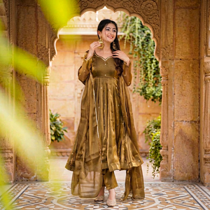 Mustard Anarkali Gown in Silk with Embroidery Work and Dupatta Party Wear <b>Ankle</b>-Length Wrinkle-Free - Product Image 1