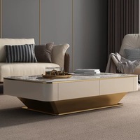 Ensemble de meuble TV moderne de luxe en marbre et bois et grande table basse rectangulaire pour salon, design en acier inoxydable doré