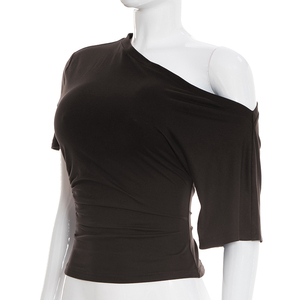 Viviblook Y26TP037 Camiseta de verano para mujer, Top corto informal con hombros descubiertos, cuello elástico de color sólido para mujer - Product Image 4