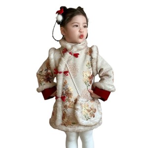 Girls' Thickened Cheongsam Dress Flowers Pattern Autumn Winter New Year Attire Traditional Chinese Style Cotton Fabric - Product Image 5