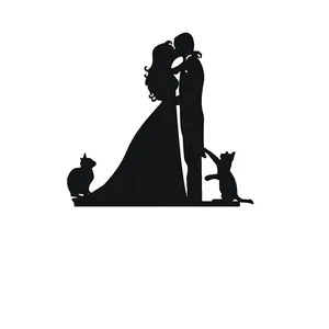 Hot Sale Cheap Wedding Cake Supplies Groom And Bride With Two Pet Cat Silhouette Acrylic Cake Topper