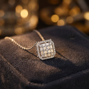 Custom Gold Baguette and Round Diamond <b>Cluster</b> Pendant Necklace – Fine Jewelry Manufacturer - Product Image 1