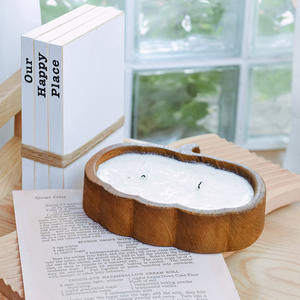 Bougie bateau décorative en bois 3 mèches bols à pâte ovales en bois Bougie plateau décoratif rustique - Product Image 4