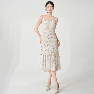 2025 conception de style coréen à la mode et élégante robe mi-plissée florale noire pour femmes en stock pour la vente en ligne - Product Image 5