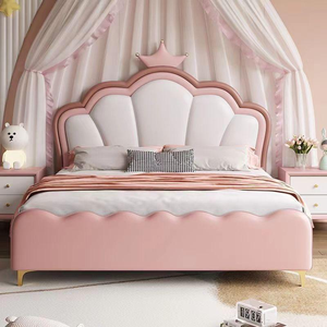 Letto Principessa Rosa in Legno Massello <span class=keywords><strong>per</strong></span> Bambini con Contenitore, Set Letto Moderno Imbottito in Pelle <span class=keywords><strong>per</strong></span> Cameretta - Product Image 1