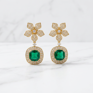 Pendientes colgantes florales estilo esmeralda hechos en plata de ley 925 con diamantes cultivados en laboratorio, joyería fina de la India. - Product Image 2