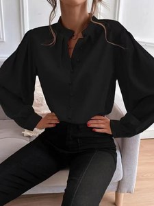 Elegant Shirts for Women Lantern Sleeve <strong>Top</strong> Vintage Stand Collar V Neck Puffy Sleeve <strong>Smart</strong> Casual Work Wear Fashion <strong>Ladies</strong> Shirt - Product Image 3