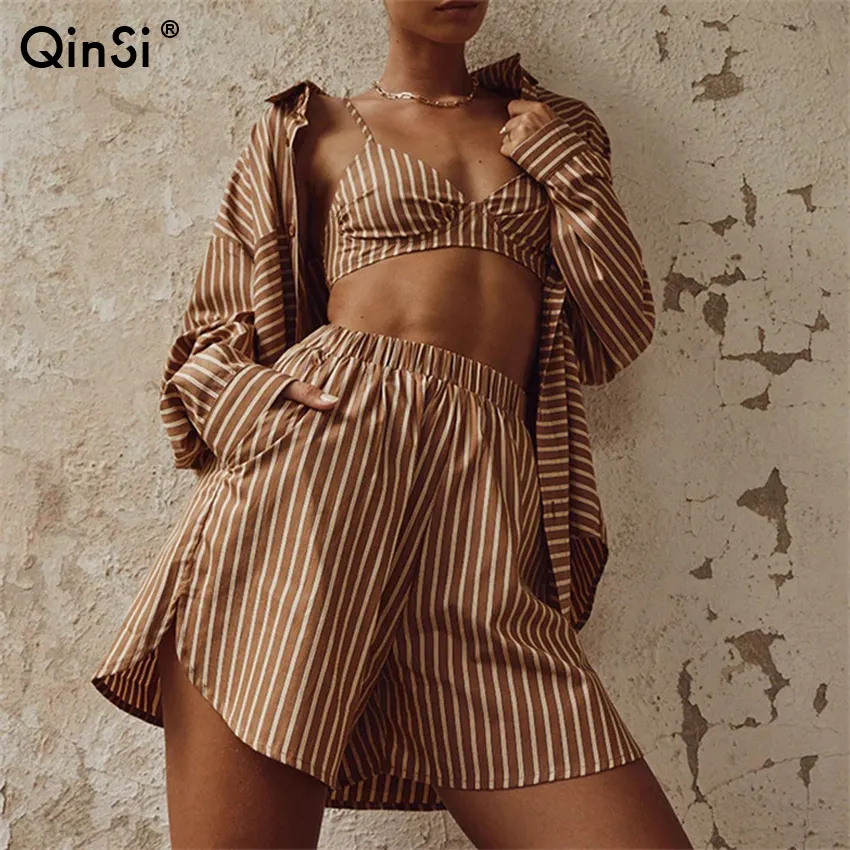 QINSI Long Sleeve Top And Shorts Outfit Female 2022 Summer Lady New Suits Women's Tracksuit Stripe Shirt Shorts Three Piece Set