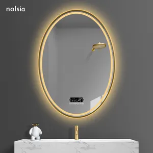 Espejo de baño con marco ovalado alto, con luz iluminada retroiluminada, altavoz antivaho Bluetooth, indicador de temperatura, fecha y hora, interruptor de detección