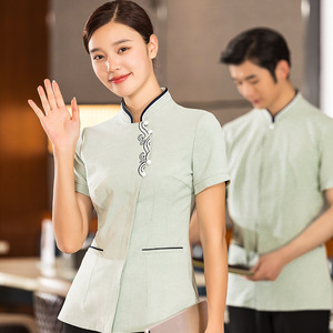Uniforme de serveur d'été à manches courtes de style chinois pour maison de thé/restaurant/hôtel, <span class=keywords><strong>tenue</strong></span> pour le personnel d'accueil, pour femmes - Product Image 1