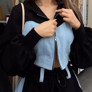 2024时尚休闲针织运动衫套装牛仔拼布连帽上衣 & 实心长裤立领两件套 - Product Image 3