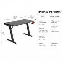 Mesa de Juego Moderna y Resistente con Marco Metálico en Forma de Z, Luces RGB, Portavasos y Superficie de Fibra de Carbono, Escritorio para E-Sports y Carreras