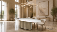 Table à manger sculpturale à base ondulée avec plateau en marbre turc et laque haute brillance |   Meubles de luxe sur mesure tout-en-un