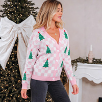 Cardigan en tricot à carreaux pour femme, col en V, boutonné, manches longues, motif sapin de Noël, pour les fêtes