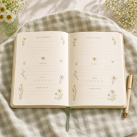 Journal de gratitude LABON avec broderie botanique, carnet en tissu de lin à pois, bords dorés, logo personnalisé, cadeau bien-être