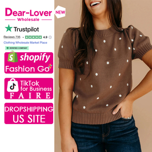 Dear-Lover Maglione Bianco Elegante da Donna con Maniche Corte a Palloncino e Motivo a <span class=keywords><strong>Pois</strong></span>, Vendita all'Ingrosso - Product Image 1