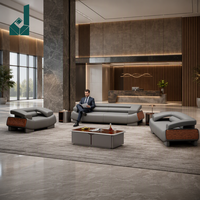 Canapé de bureau moderne de luxe 3 places en cuir gris, canapé de réception exécutif avec panneaux latéraux en bois pour hall d'entrée ou salon
