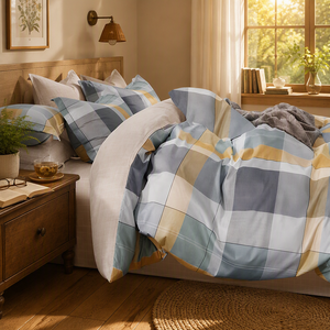 Parure de lit moderne en coton à carreaux bleu moutarde, housse de couette, pour la vente en gros et le dropshipping UE, 3 pièces, stock Pologne - Product Image 5