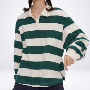 Polo à manches longues rayé pour femme, tricoté, 100% coton, motif vert et blanc, à porter en hiver, en été et au printemps - Product Image 3