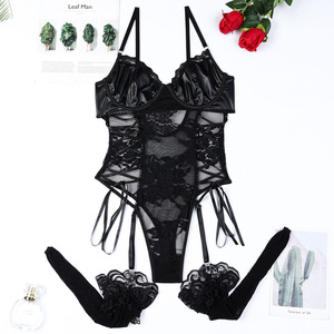 Wholesale PU Leather and Transparent Stitching Lingerie <b>Set</b> <b>Sexy</b> Lace Embroidery Straps Underwear <b>Set</b> - Product Image 6