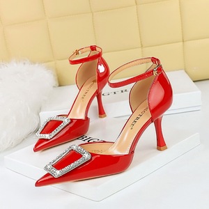 Female High Heels Shallow Mouth <b>Pointed</b> <b>Toe</b> Hollow Sandals with <b>Flat</b> Metal Rhinestone Buckle for Bridal Styles - Product Image 1