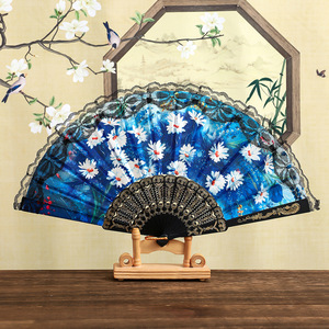 Abanico de Mano Plegable de Moda con Borde de Encaje Dorado, Estampado en Caliente, Plástico, para Regalo de Boda - Product Image 4