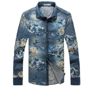 New Mens Cotton Shirts Slim Fit Brand Casual Denim Floral Pattern Shirts Long Sleeve Male Cowboy Shirt Camisa Jeans