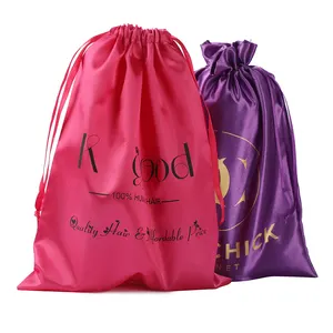 Pochette en satin de soie avec cordon de serrage, emballage pour extension de cheveux, sac en satin noir avec logo personnalisé, vente en gros